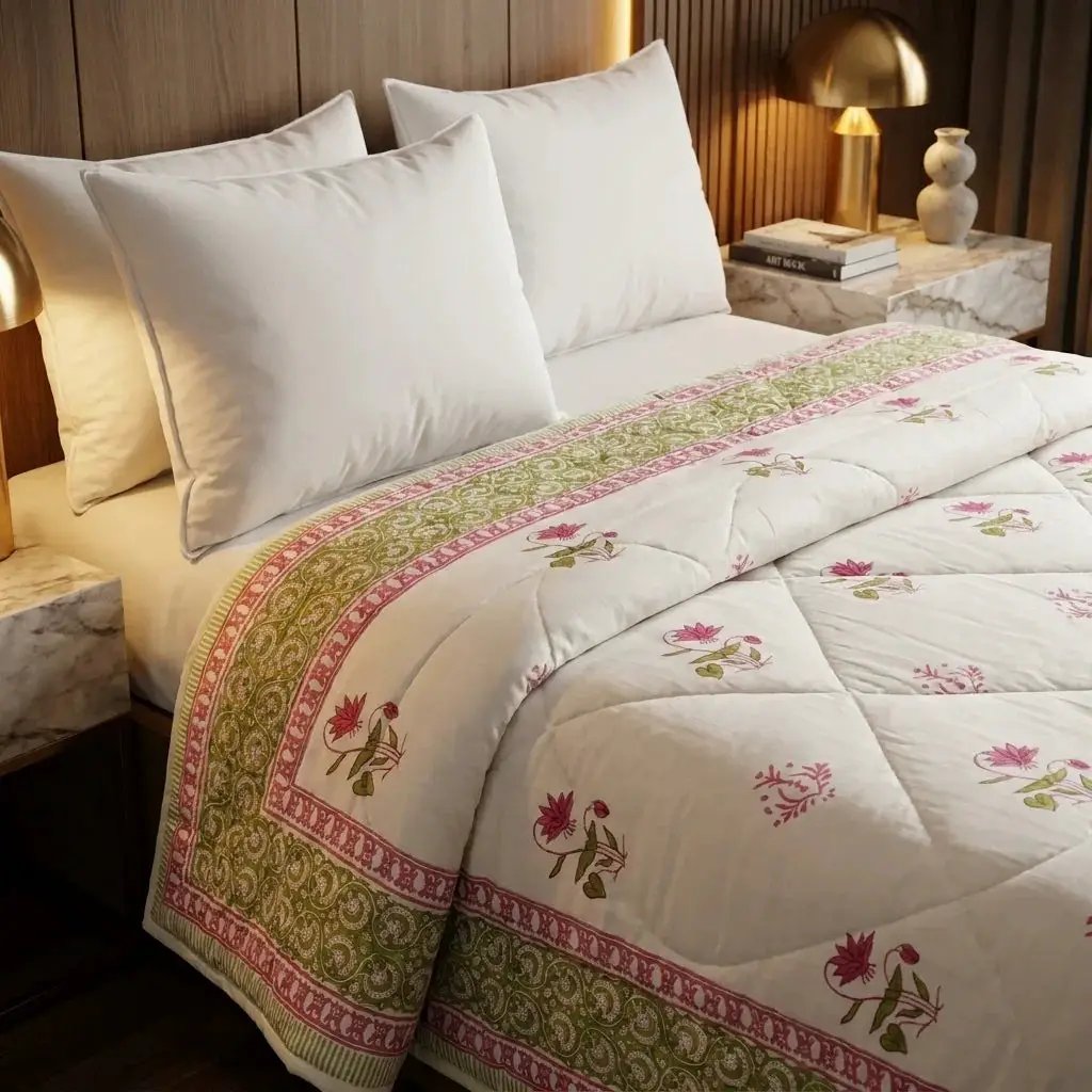 House of Avana Cream & Deep Rose Olive Floral Jaipur Indian Hand Block Print Quilted Comforter by House Of Avana