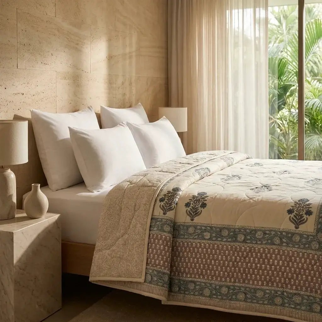House of Avana Cream & Slate Blue Floral Jaipur Indian Hand Block Print Quilted Comforter by House Of Avana