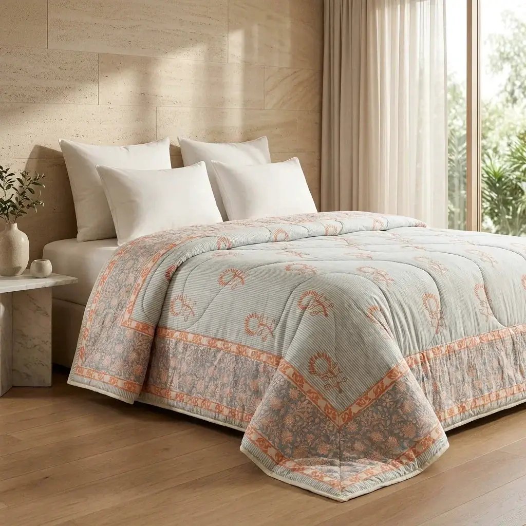 House of Avana Cream & Golden Yellow Olive Floral Jaipur Indian Hand Block Print Quilted Comforter by House Of Avana