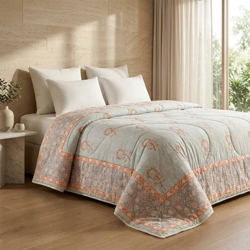 House of Avana Cream & Golden Yellow Olive Floral Jaipur Indian Hand Block Print Quilted Comforter by House Of Avana