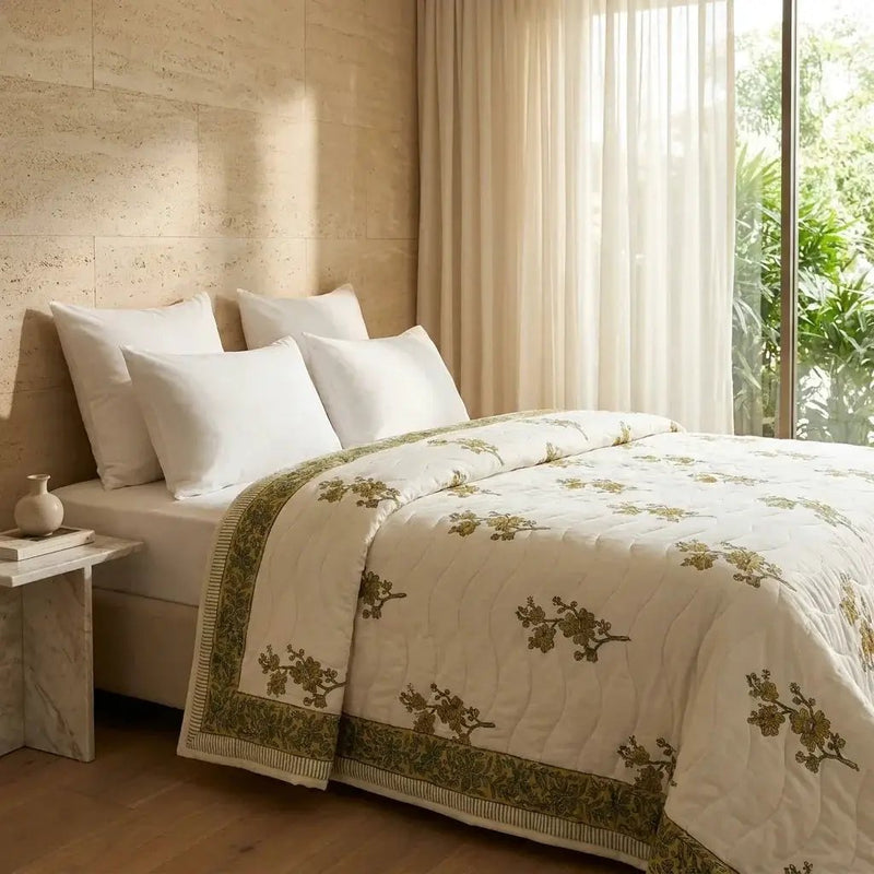 House of Avana Cream & Mustard Yellow Olive Floral Jaipur Indian Hand Block Print Quilted Comforter by House Of Avana
