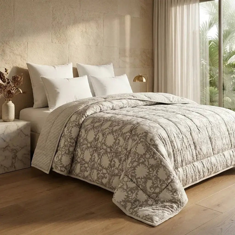 House of Avana Cream & Rust Purple Floral Jaipur Indian Hand Block Print Quilted Comforter by House Of Avana