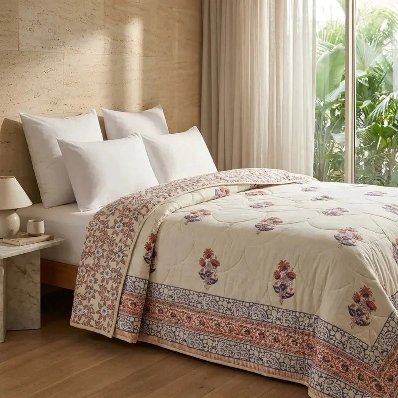 House of Avana Lavender Grey & Cream Floral Jaipur Indian Hand Block Print Quilted Comforter by House Of Avana