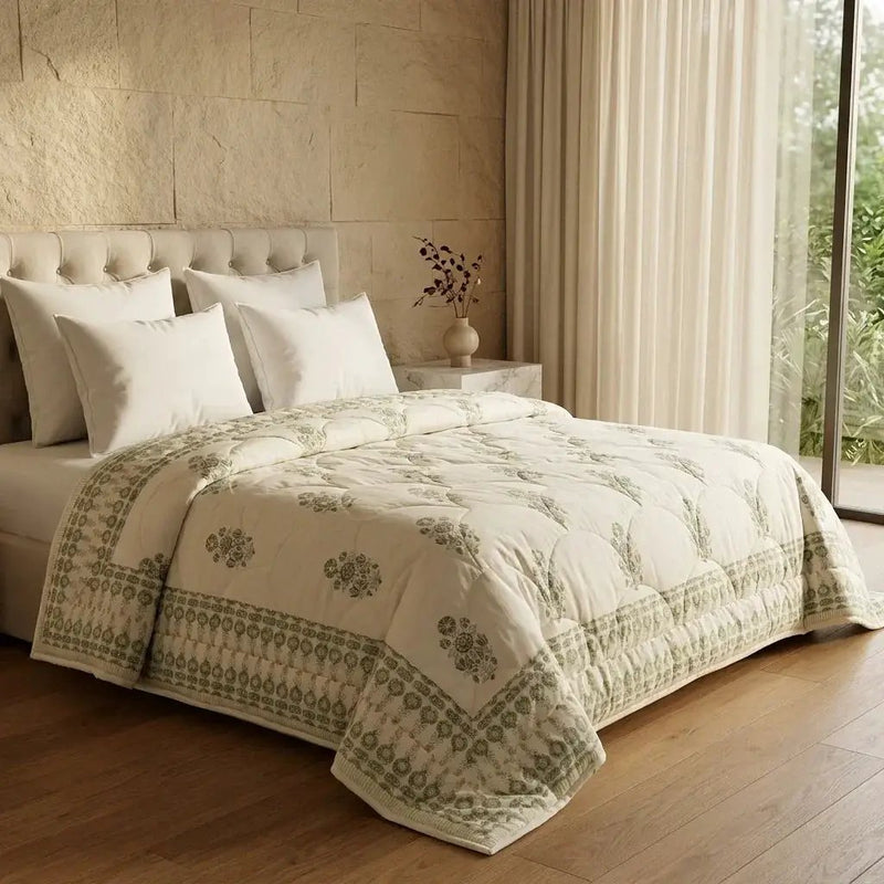 House of Avana Sage Green & Cream Mauve Floral Jaipur Indian Hand Block Print Quilted Comforter by House Of Avana