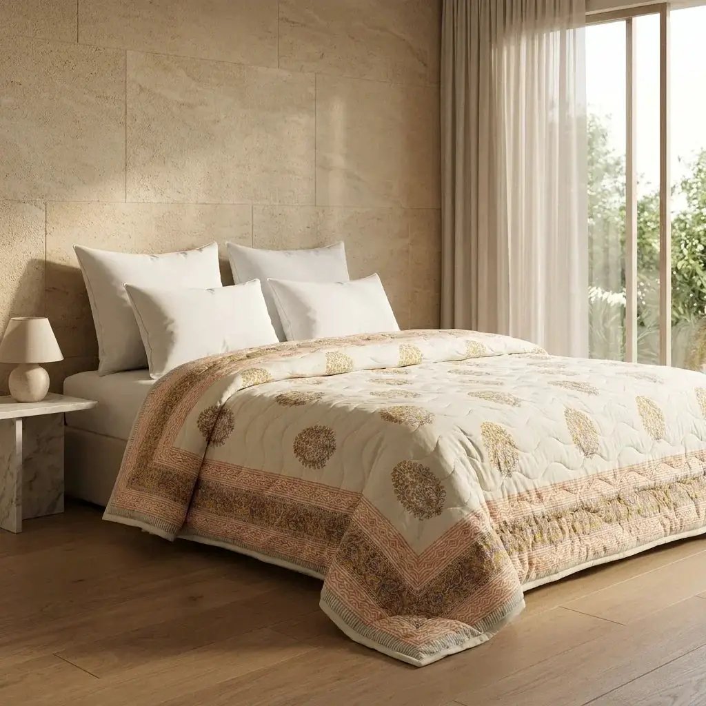 House of Avana Cream & Sage Green Rose Pink Floral Jaipur Indian Hand Block Print Quilted Comforter by House Of Avana