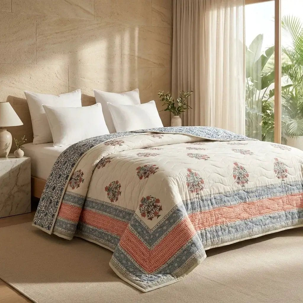 House of Avana Cream & Dusty Blue Mauve Floral Jaipur Indian Hand Block Print Quilted Comforter by House Of Avana