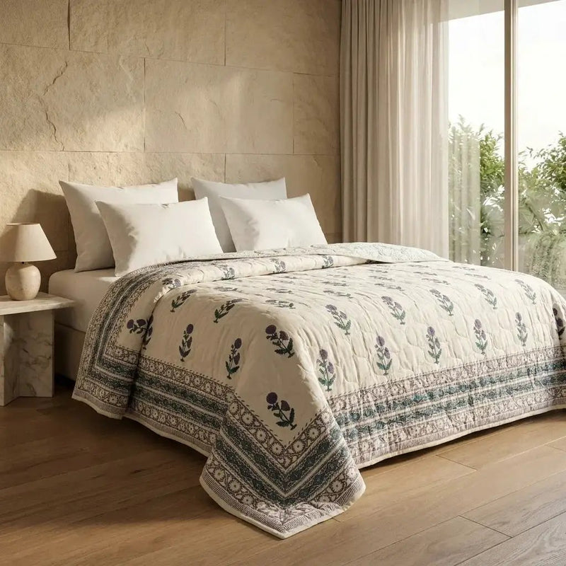 House of Avana Cream & Indigo Blue Floral Jaipur Indian Hand Block Print Quilted Comforter by House Of Avana