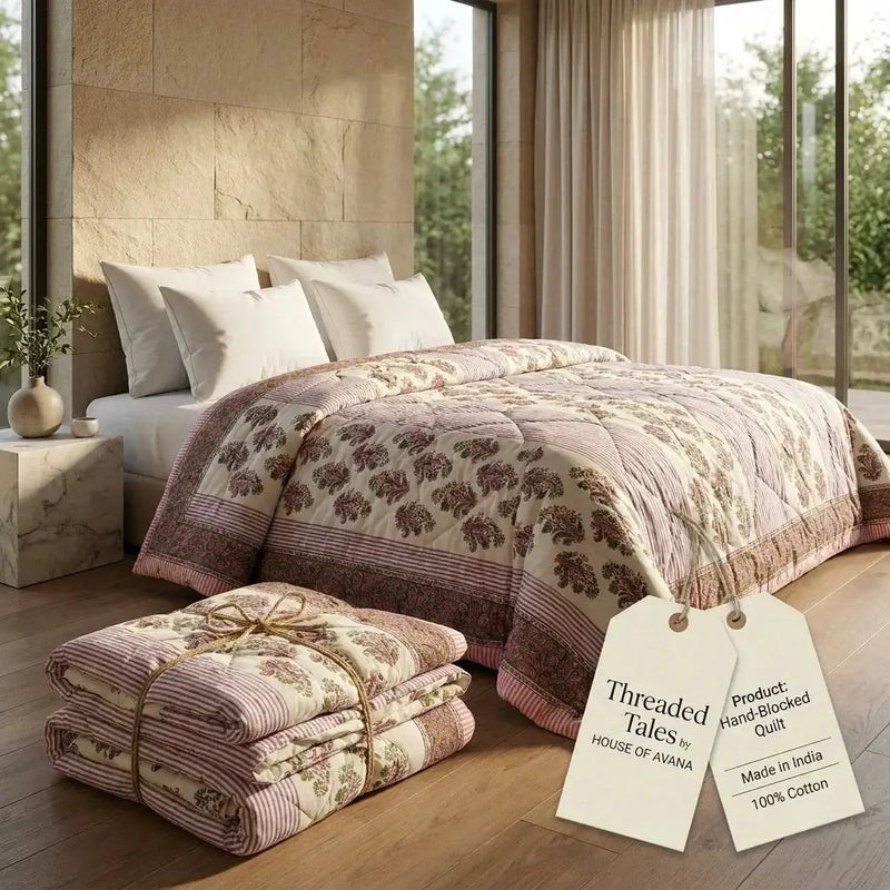 House of Avana Cream & Deep Pink Floral Jaipur Indian Hand Block Print Quilted Comforter by House Of Avana