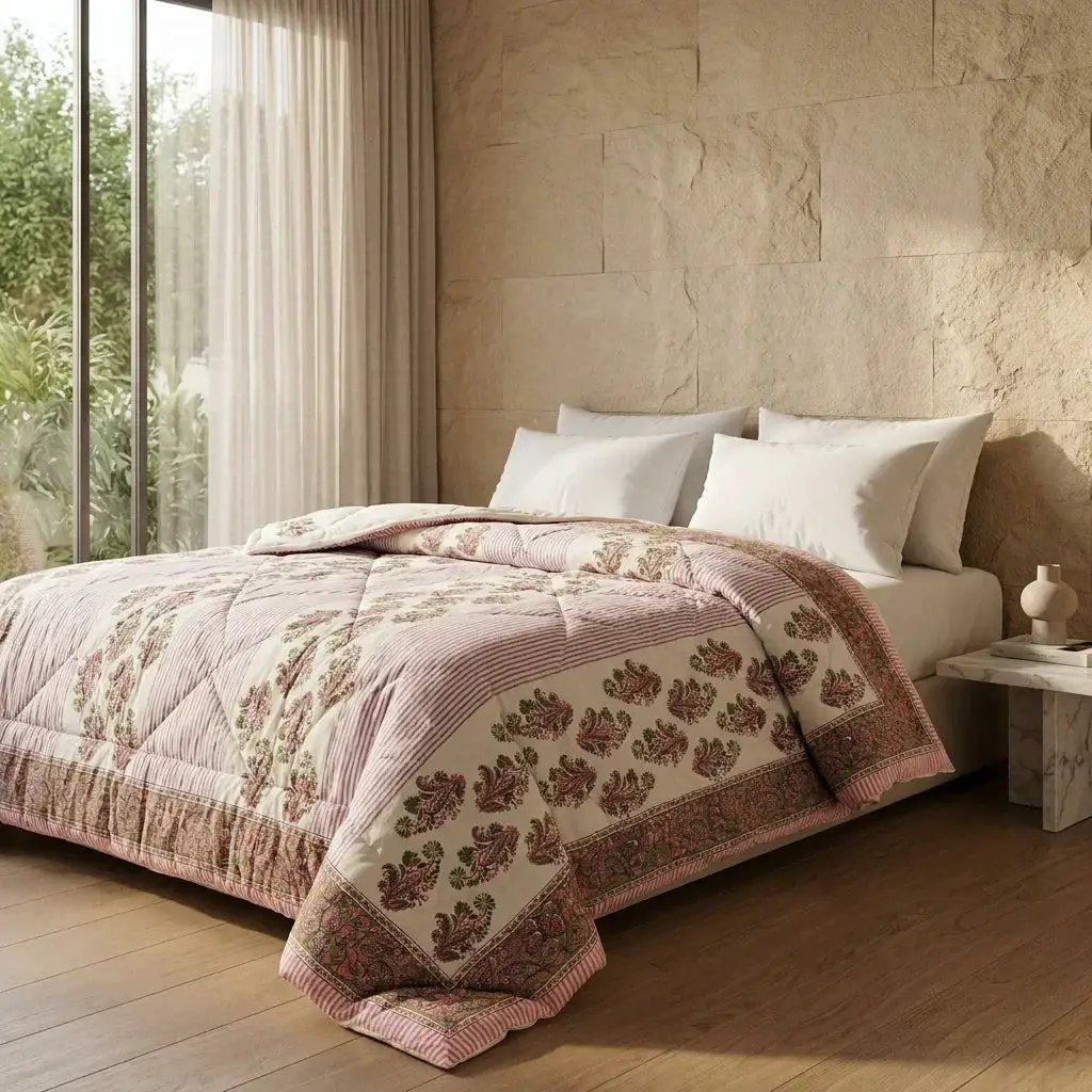 House of Avana Cream & Deep Pink Floral Jaipur Indian Hand Block Print Quilted Comforter by House Of Avana
