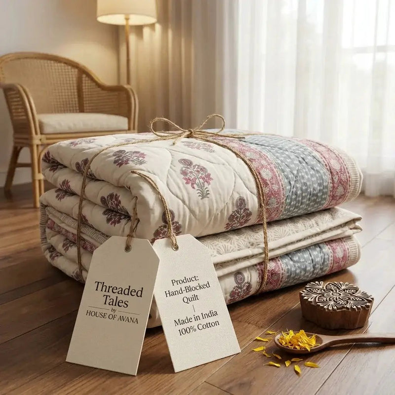 House of Avana Cream & Charcoal Taupe Floral Jaipur Indian Hand Block Print Quilted Comforter by House Of Avana