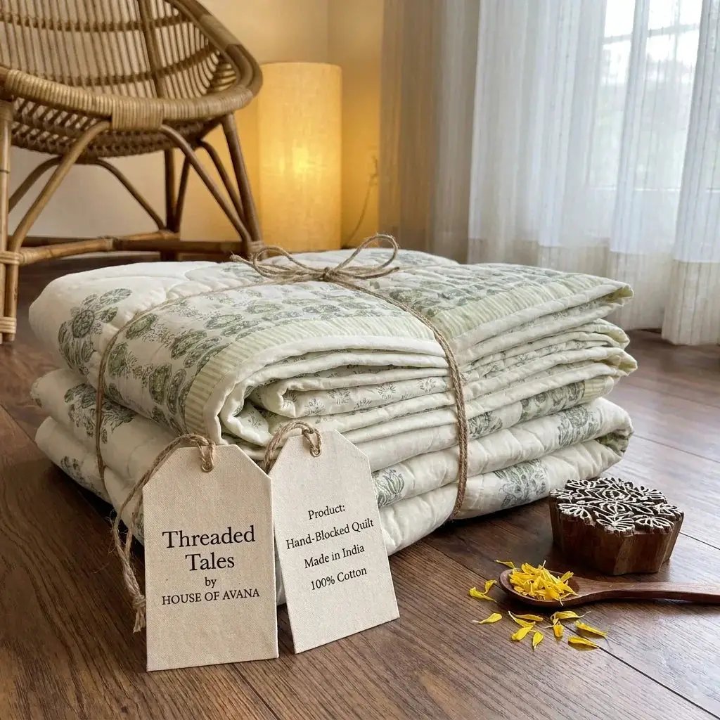 House of Avana Sage Green & Cream Mauve Floral Jaipur Indian Hand Block Print Quilted Comforter by House Of Avana