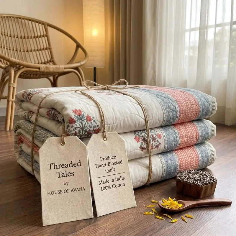 House of Avana Cream & Dusty Blue Mauve Floral Jaipur Indian Hand Block Print Quilted Comforter by House Of Avana