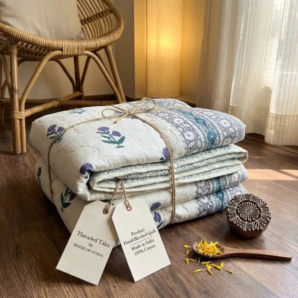 House of Avana Cream & Indigo Blue Floral Jaipur Indian Hand Block Print Quilted Comforter by House Of Avana