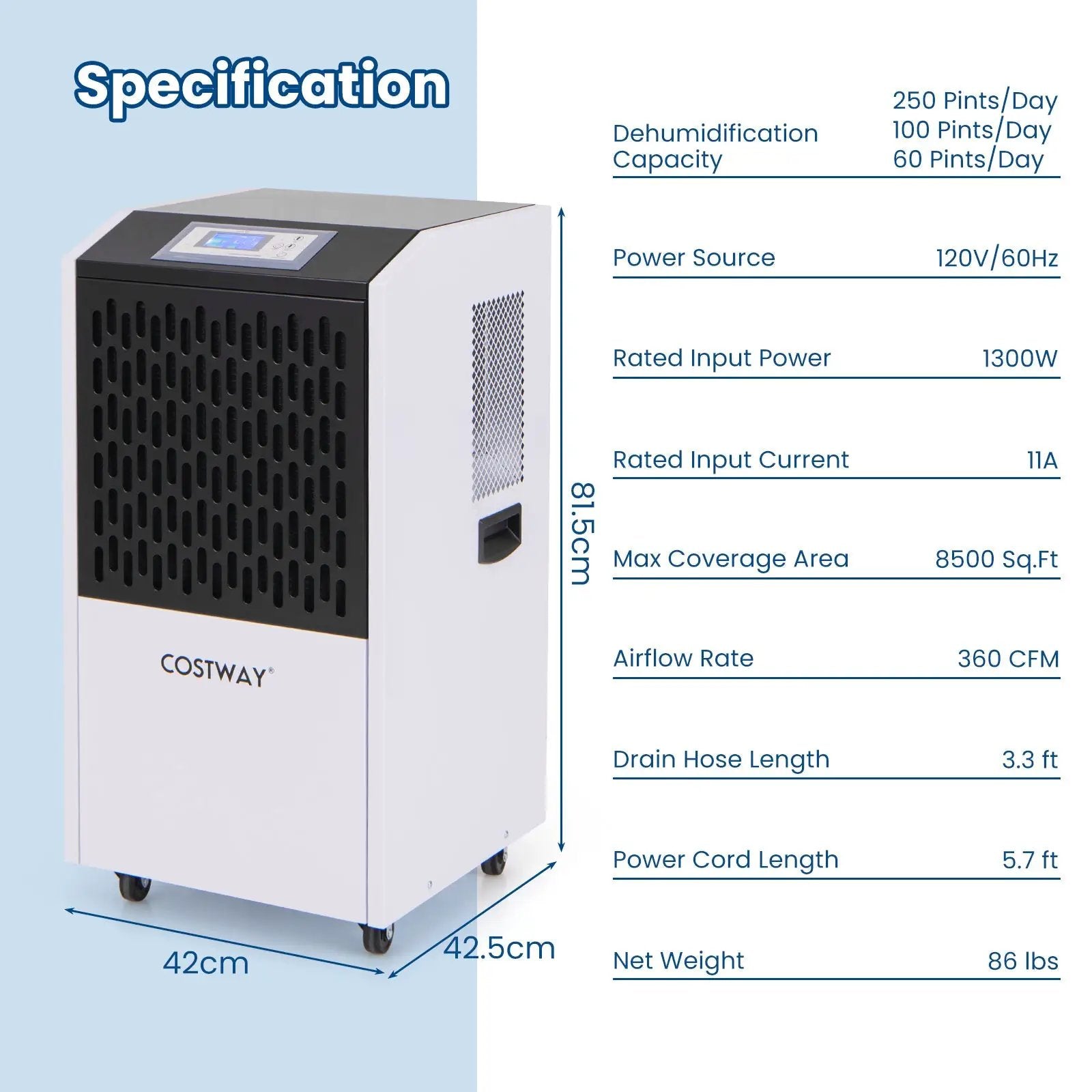250 Pints Commercial Dehumidifier with Drain Hose Large Spaces up to 8500 Sq.Ft-White by DirectDeals
