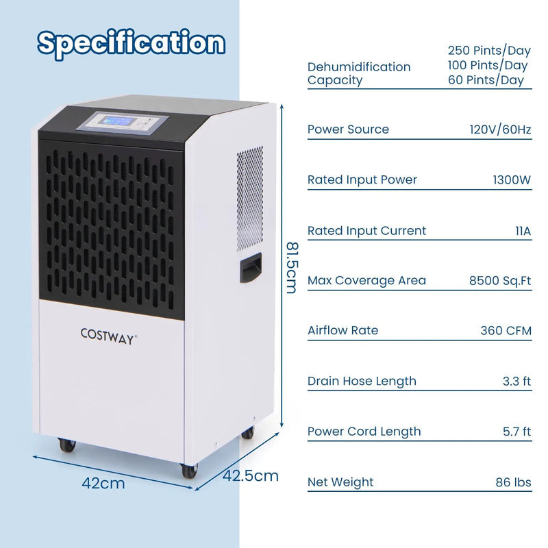 250 Pints Commercial Dehumidifier with Drain Hose Large Spaces up to 8500 Sq.Ft-White by DirectDeals