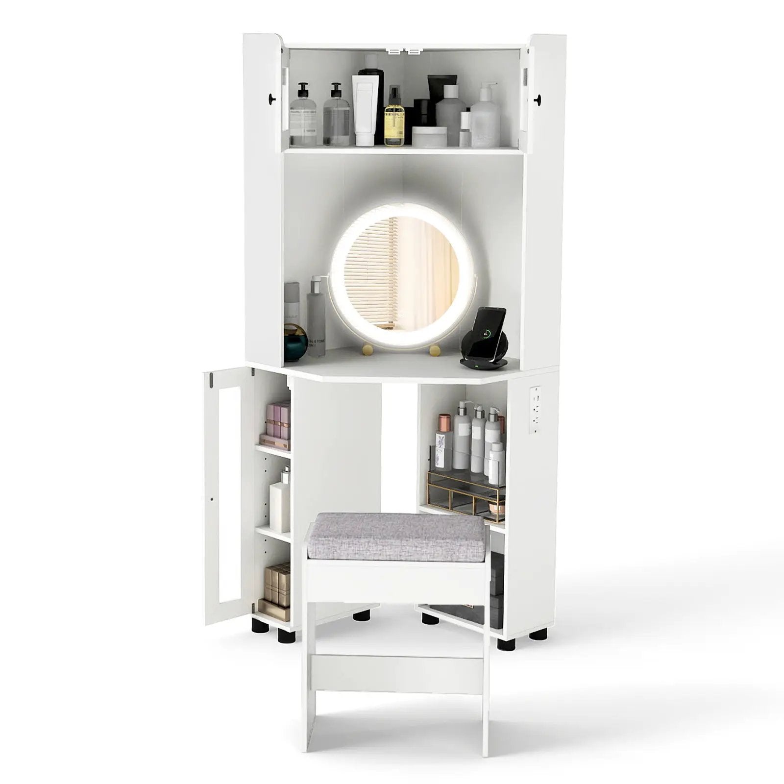 Compact Dressing Corner Vanity Desk with Mirror and Lights-White by DirectDeals