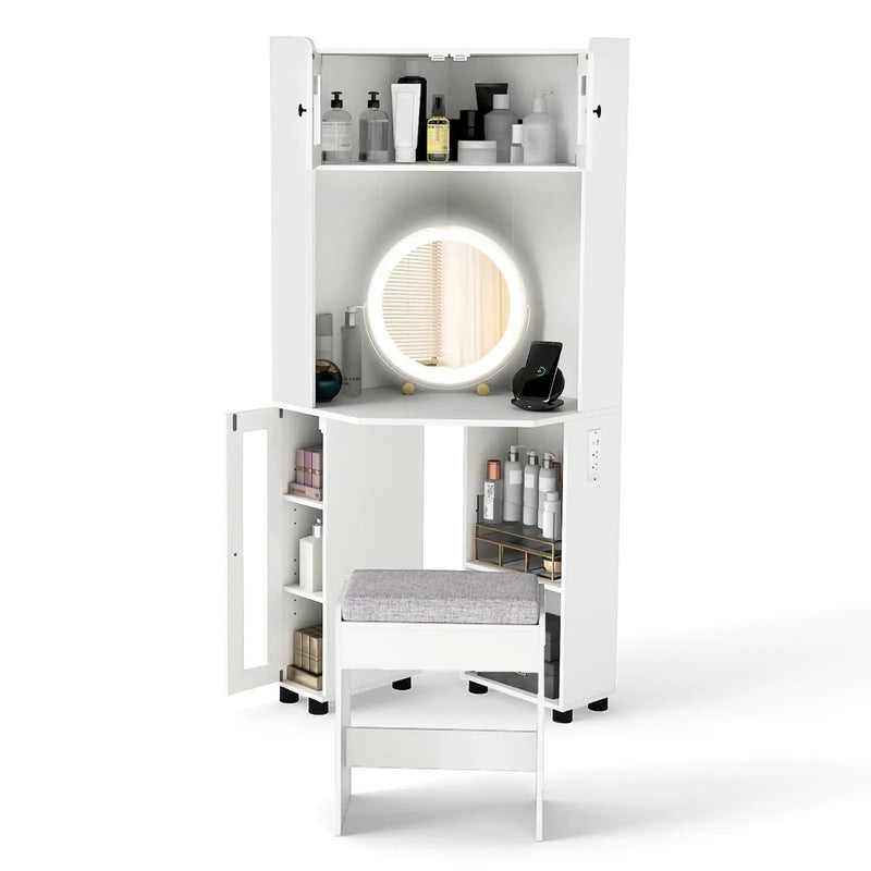Compact Dressing Corner Vanity Desk with Mirror and Lights-White by DirectDeals