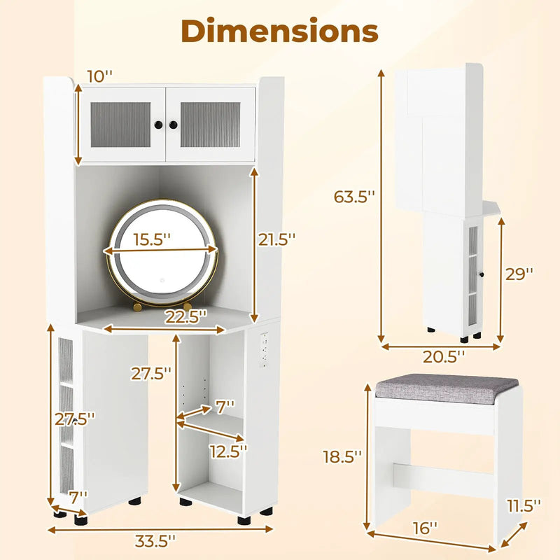 Compact Dressing Corner Vanity Desk with Mirror and Lights-White by DirectDeals