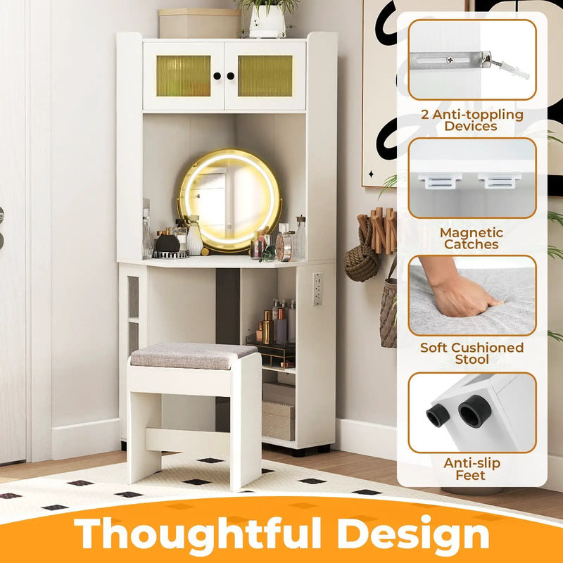 Compact Dressing Corner Vanity Desk with Mirror and Lights-White by DirectDeals