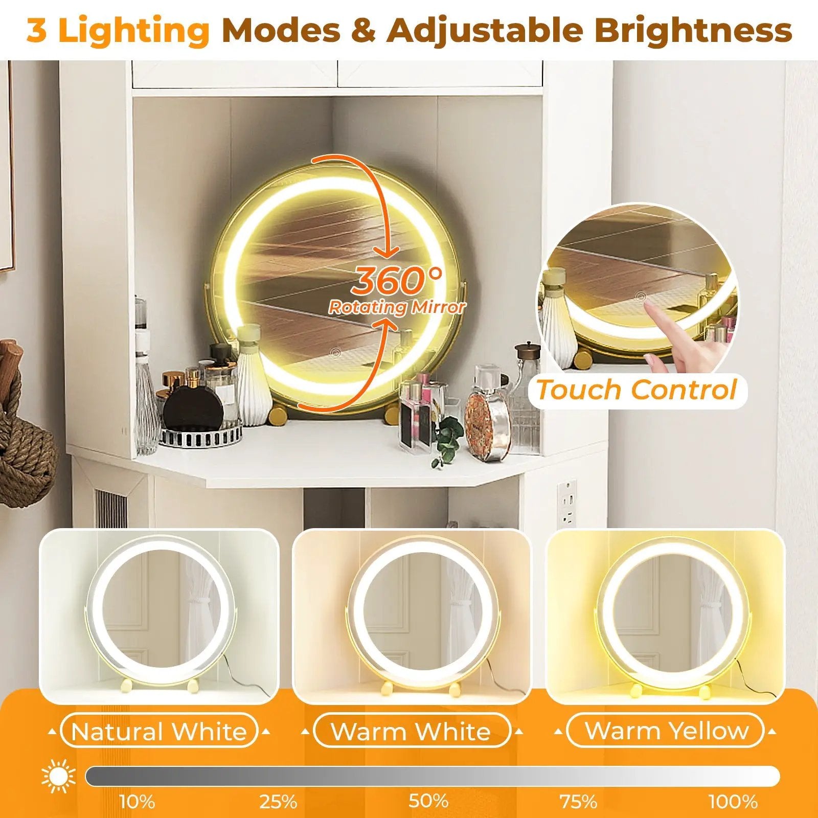 Compact Dressing Corner Vanity Desk with Mirror and Lights-White by DirectDeals