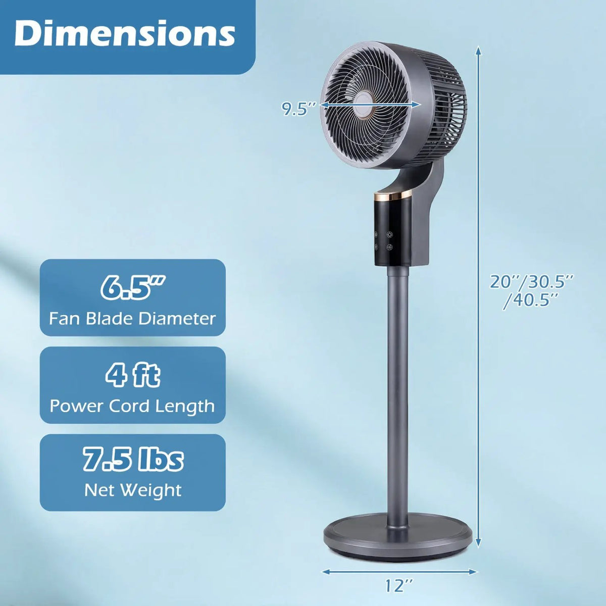 Compact Oscillating Standing Fan with 70° Oscillation and 90° Tilt for Home Office, photo 5 of 24