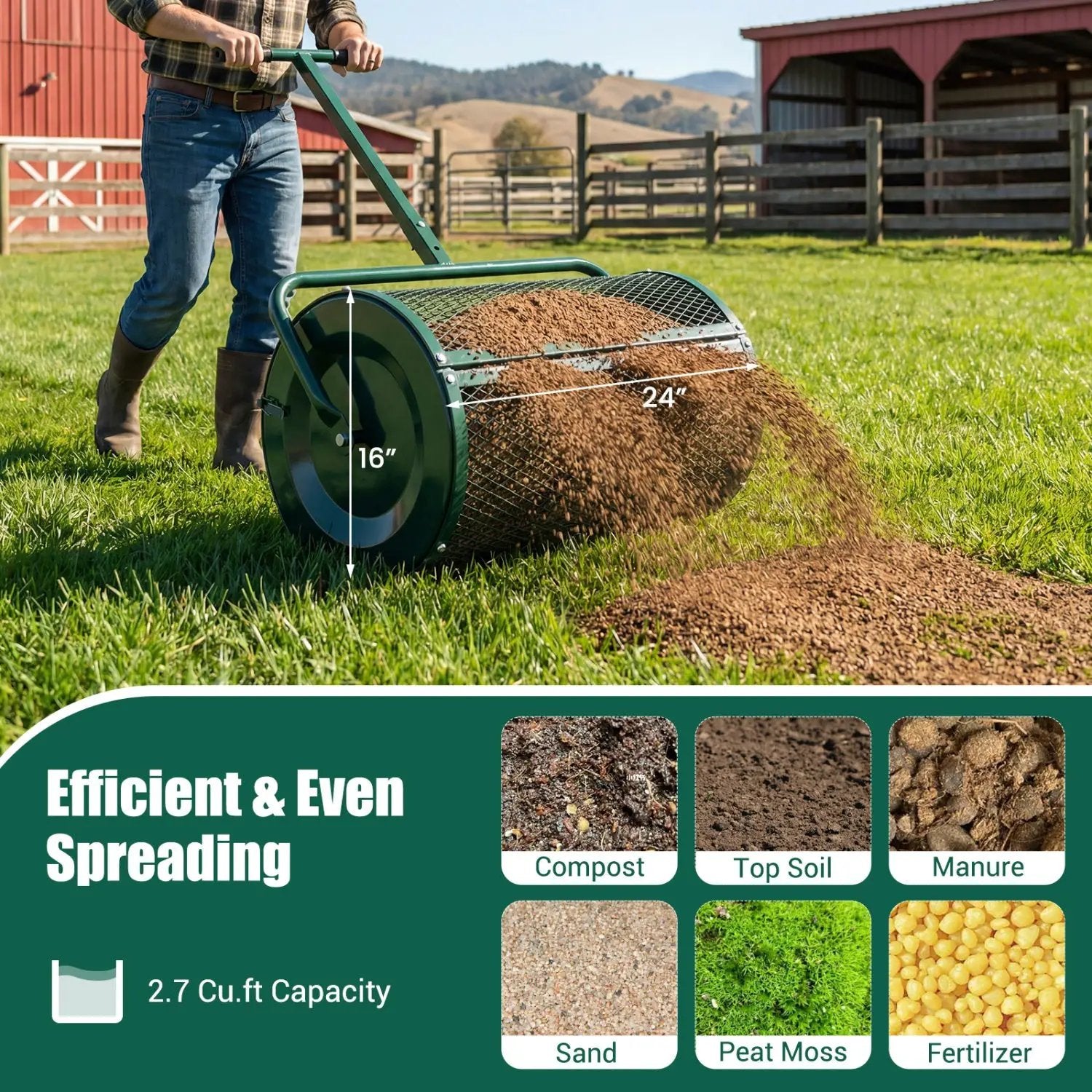Compost Spreader 24 Inch Peat Moss Spreader Roller with Height-adjustable T-shape Handle by DirectDeals