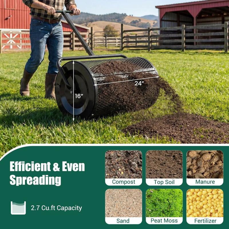 Compost Spreader 24 Inch Peat Moss Spreader Roller with Height-adjustable T-shape Handle by DirectDeals
