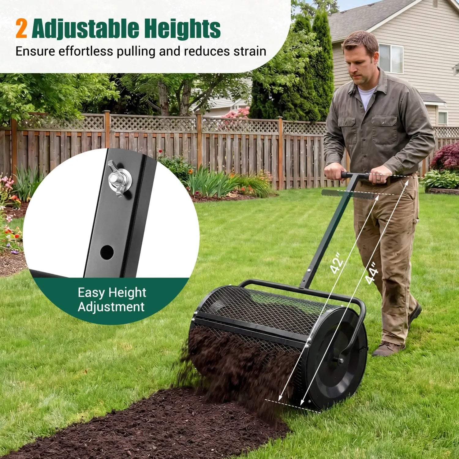 Compost Spreader 24 Inch Peat Moss Spreader Roller with Height-adjustable T-shape Handle by DirectDeals