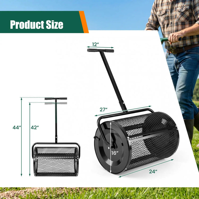 Compost Spreader 24 Inch Peat Moss Spreader Roller with Height-adjustable T-shape Handle by DirectDeals