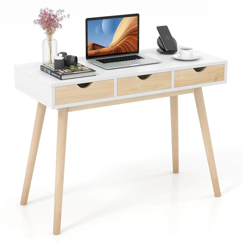 Computer Desk with 3 Drawers and Solid Rubber Wood Legs for Home Office by DirectDeals