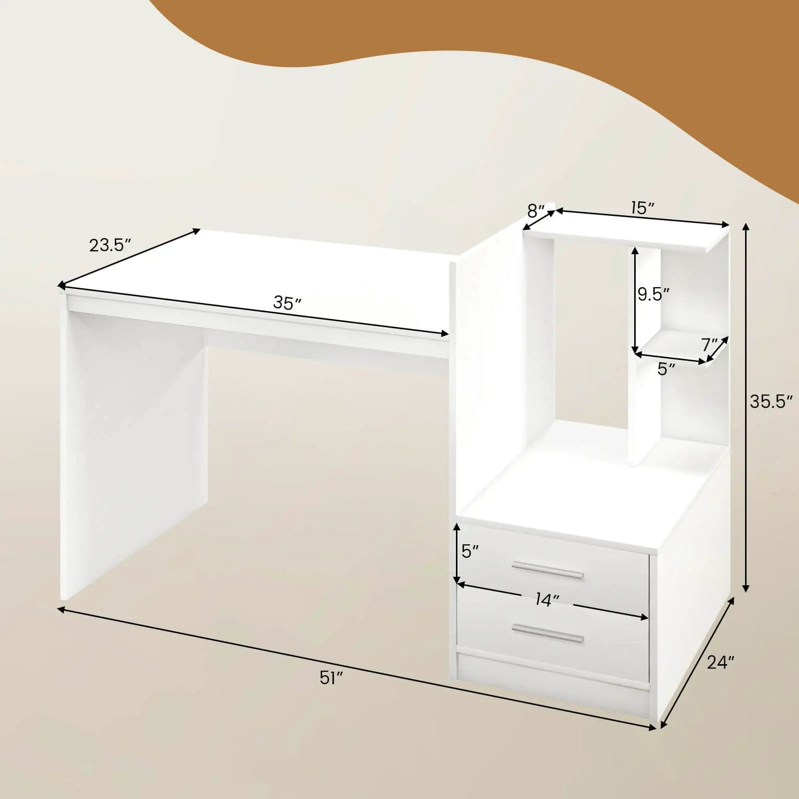 Computer Desk Home Office with Bookshelf and Drawers-White by DirectDeals