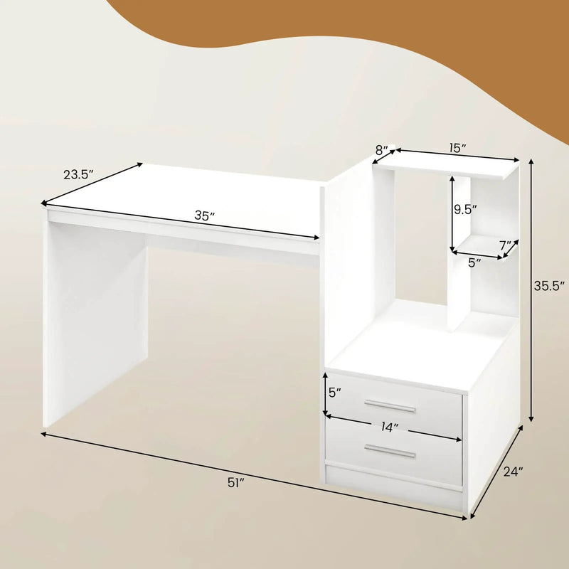 Computer Desk Home Office with Bookshelf and Drawers-White by DirectDeals