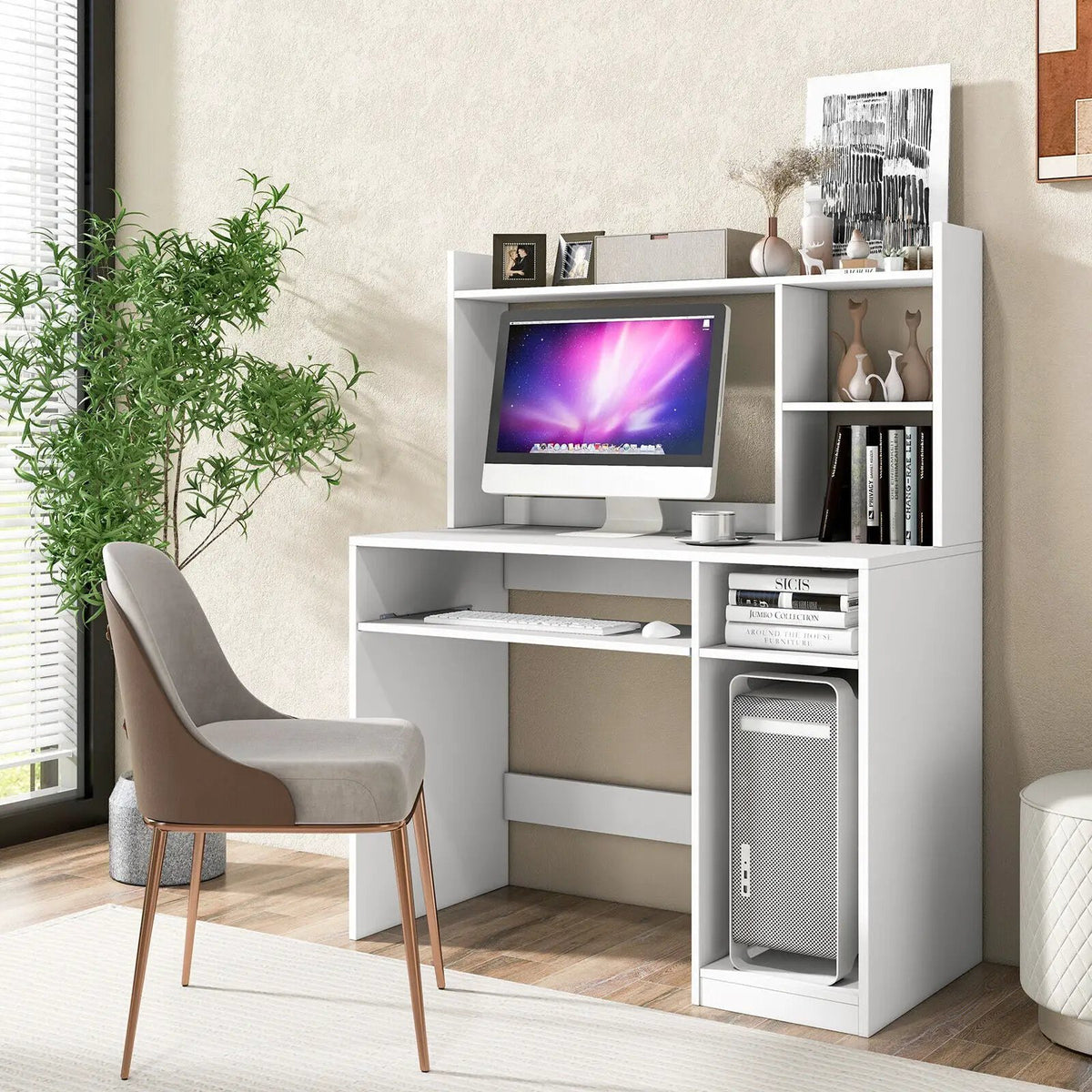Home Office Computer Desk with Bookcase Keyboard Tray and CPU Stand, photo 2 of 9