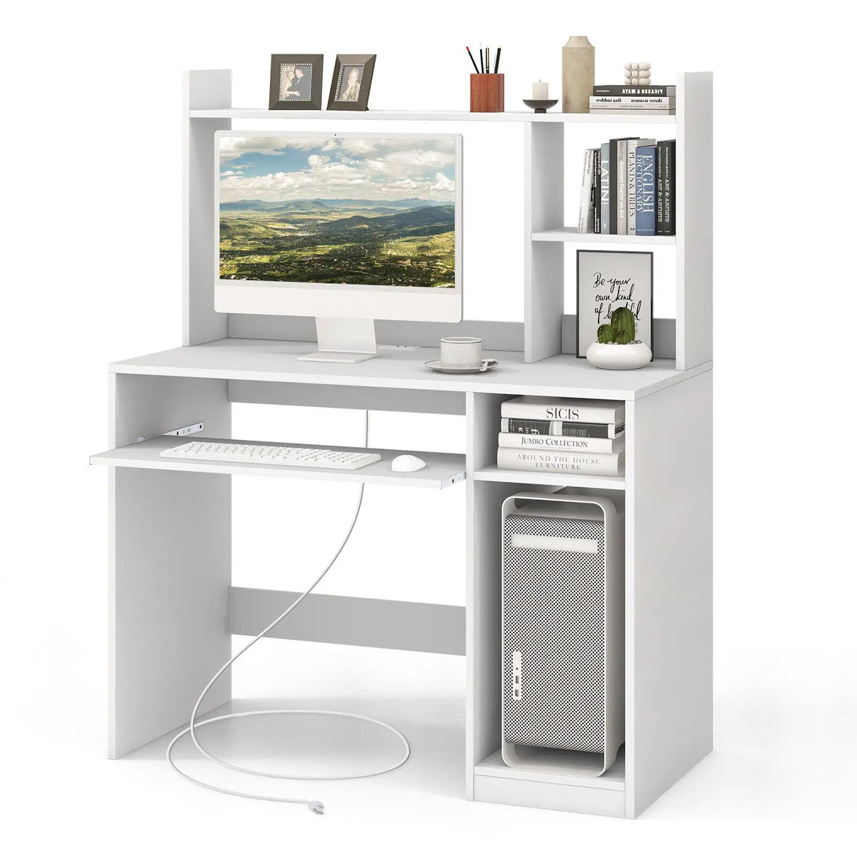 Home Office Computer Desk with Bookcase Keyboard Tray and CPU Stand, photo 4 of 9