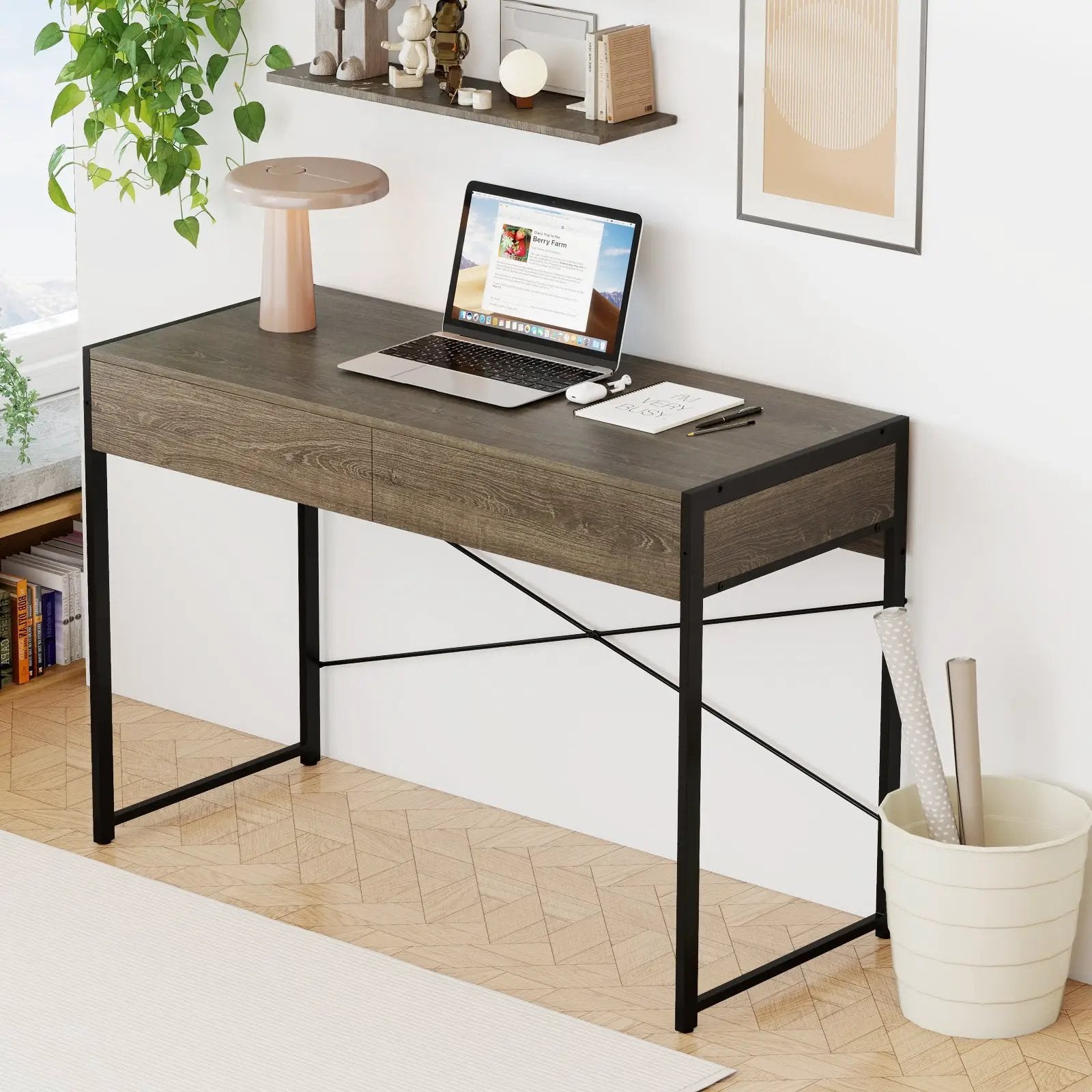 Computer Desk with 2 Drawers 44 Inch Home Office Desk with Metal Frame-Oak by DirectDeals