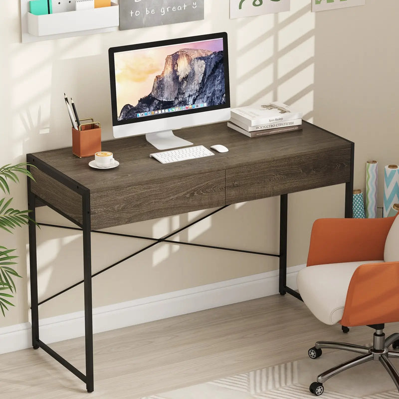 Computer Desk with 2 Drawers 44 Inch Home Office Desk with Metal Frame-Oak by DirectDeals