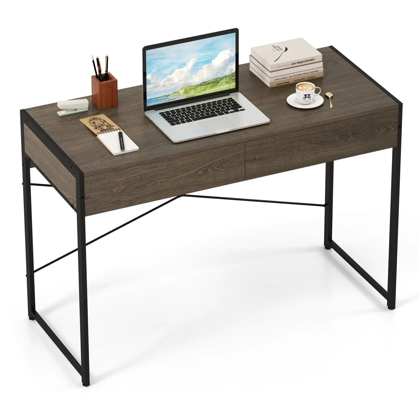 Computer Desk with 2 Drawers 44 Inch Home Office Desk with Metal Frame-Oak by DirectDeals