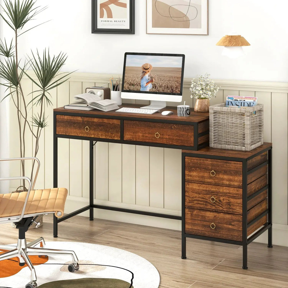Computer Desk with 5 Drawers Home Office Desk with Side File Cabinet, photo 15 of 16