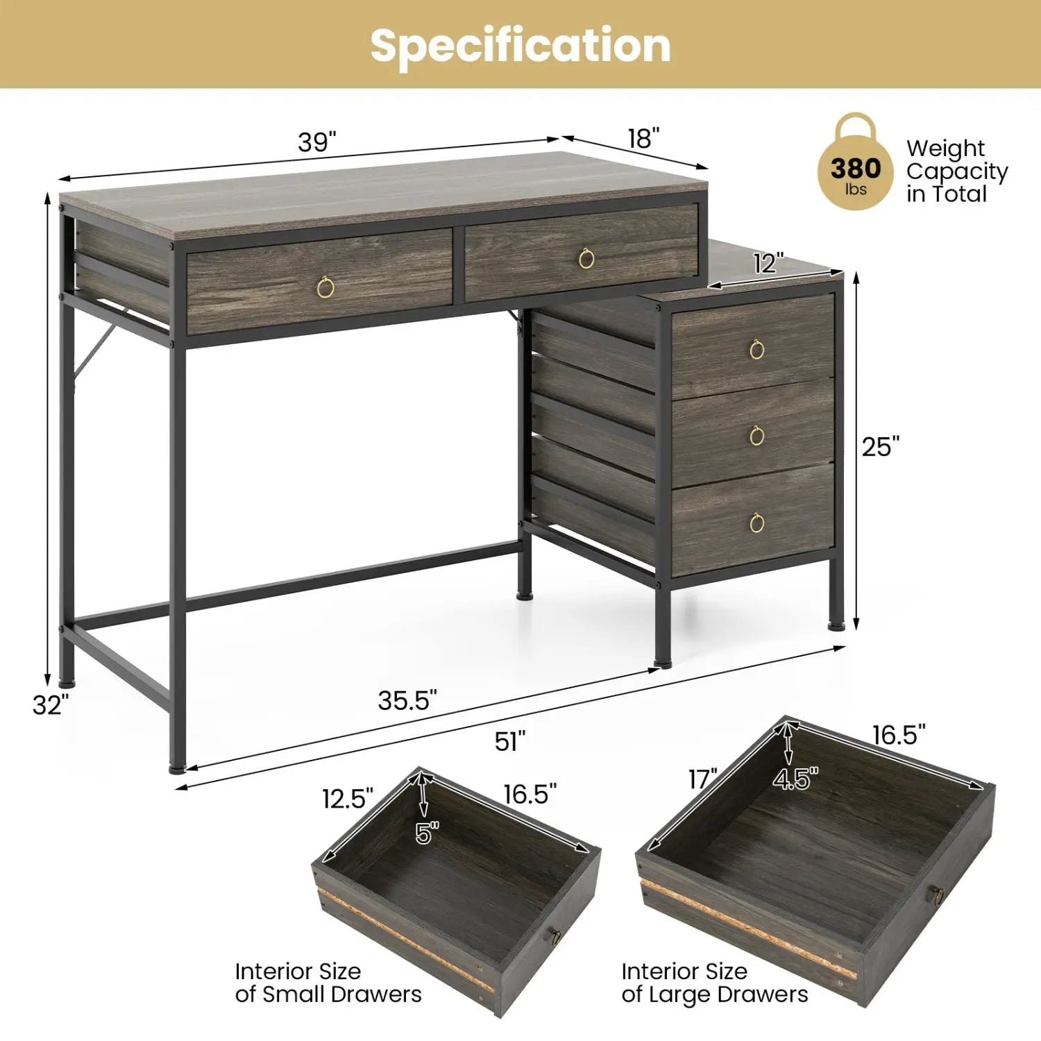Computer Desk with 5 Drawers Home Office Desk with Side File Cabinet by DirectDeals