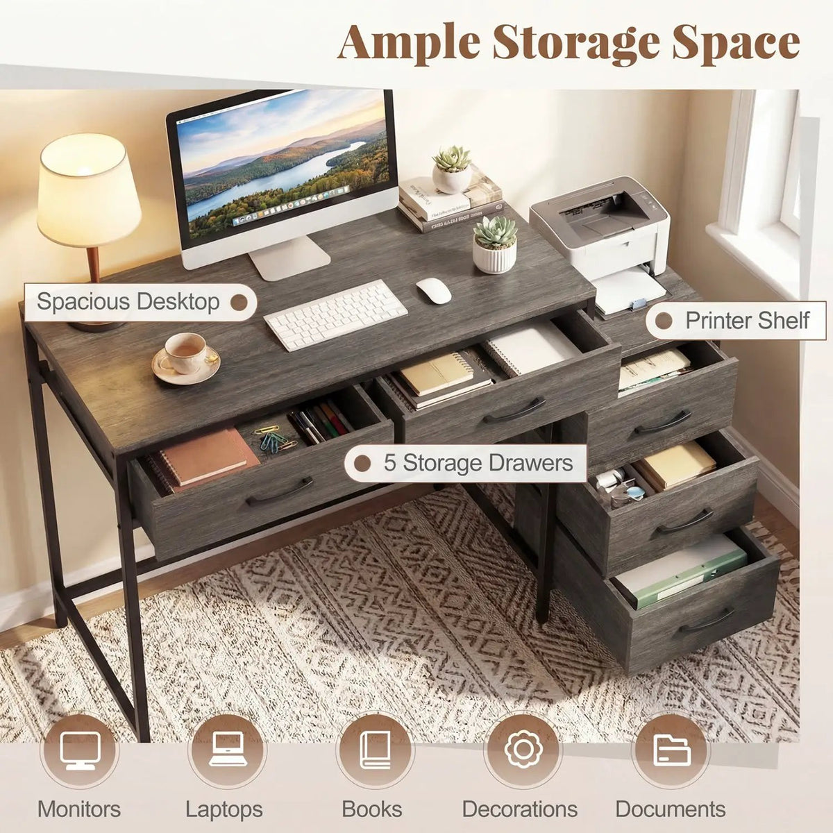 Computer Desk with 5 Drawers and Printer Stand for Bedroom and Small Spaces, photo 8 of 16
