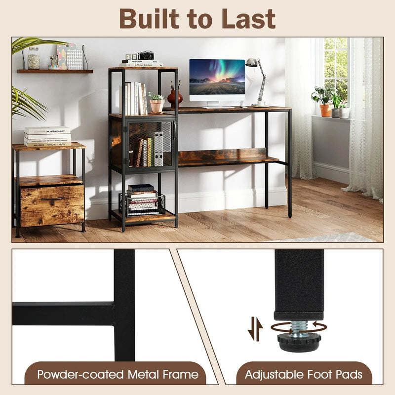 Computer Desk with Bookshelf Home Office Desk with Storage Cabinet and Shelves-Rustic Brown by DirectDeals
