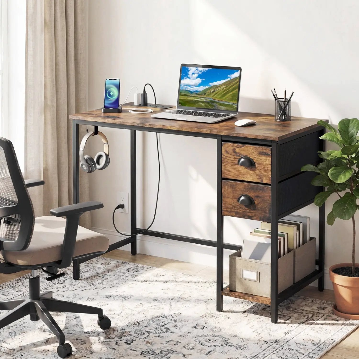 Computer Desk with Charging Station and 2 Fabric Drawers for Small Spaces by DirectDeals