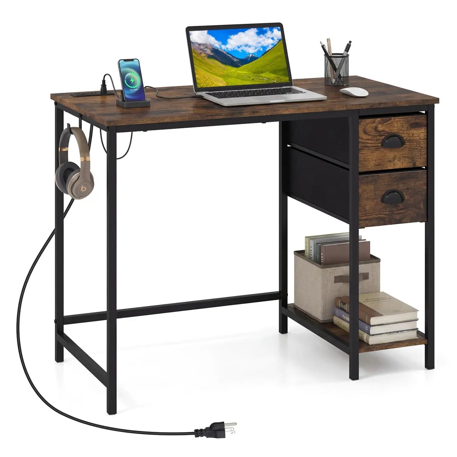 Computer Desk with Charging Station and 2 Fabric Drawers for Small Spaces by DirectDeals