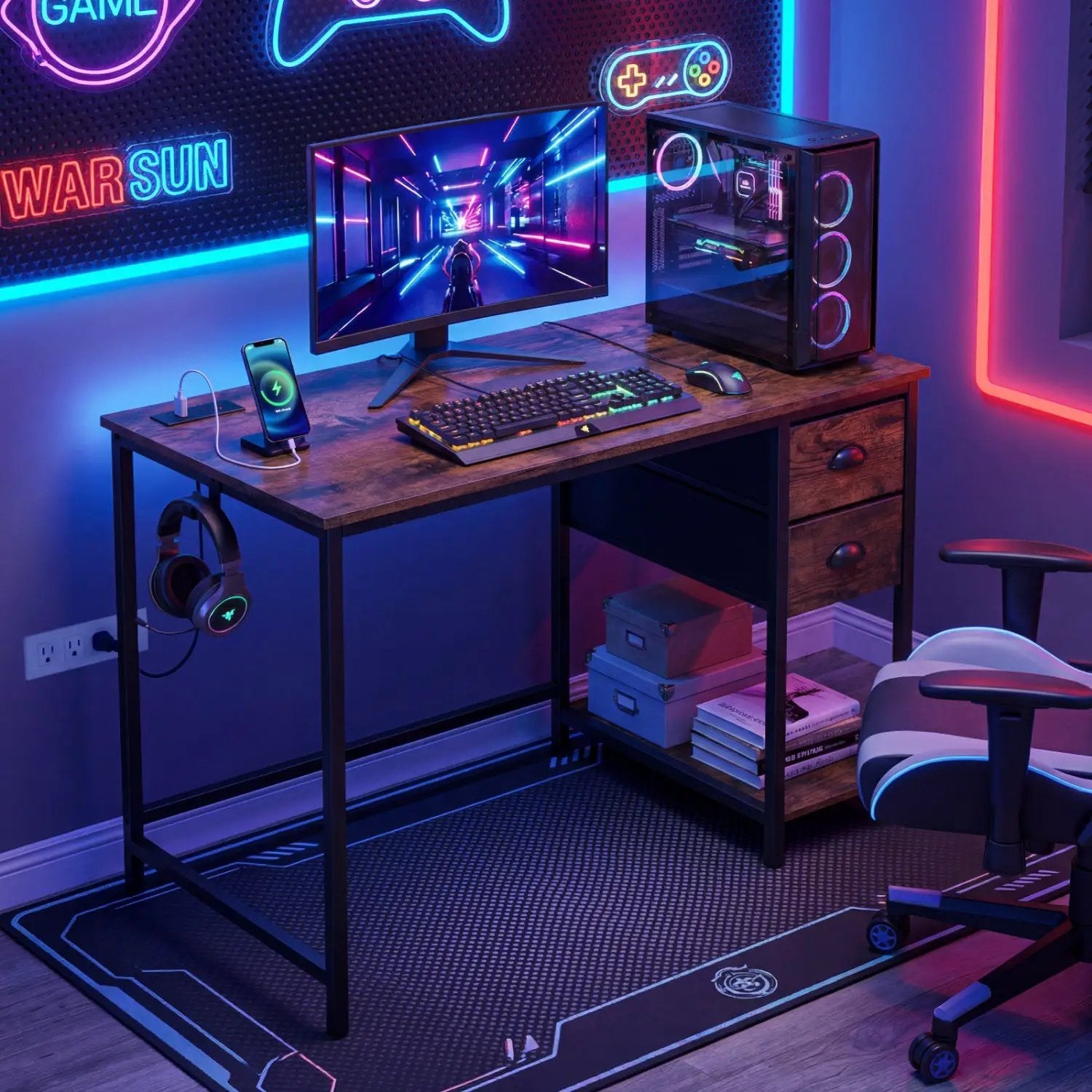 Computer Desk with Charging Station and 2 Fabric Drawers for Small Spaces by DirectDeals