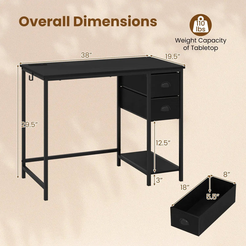 Computer Desk with Charging Station and 2 Fabric Drawers for Small Spaces by DirectDeals