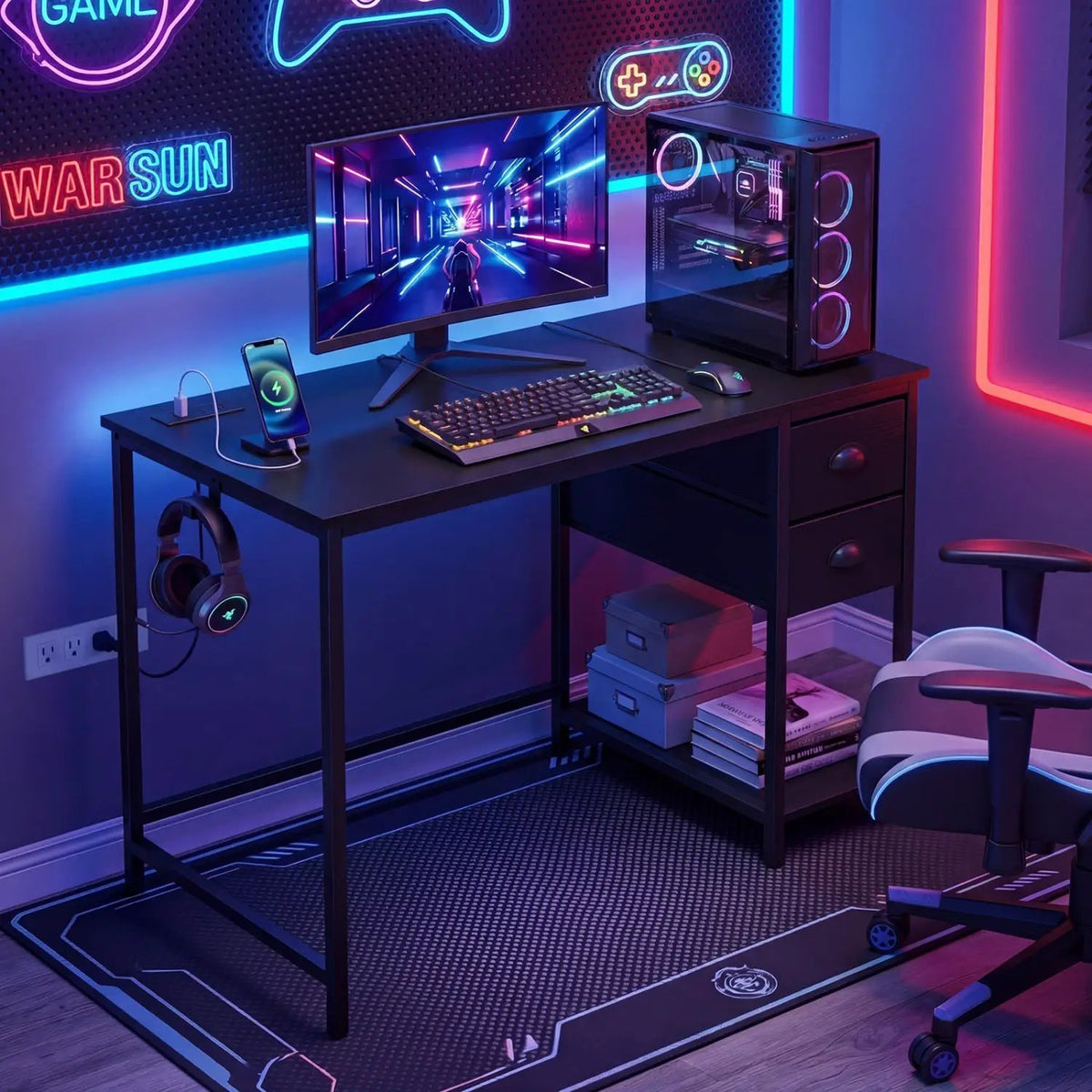 Computer Desk with Charging Station and 2 Fabric Drawers for Small Spaces, photo 13 of 16