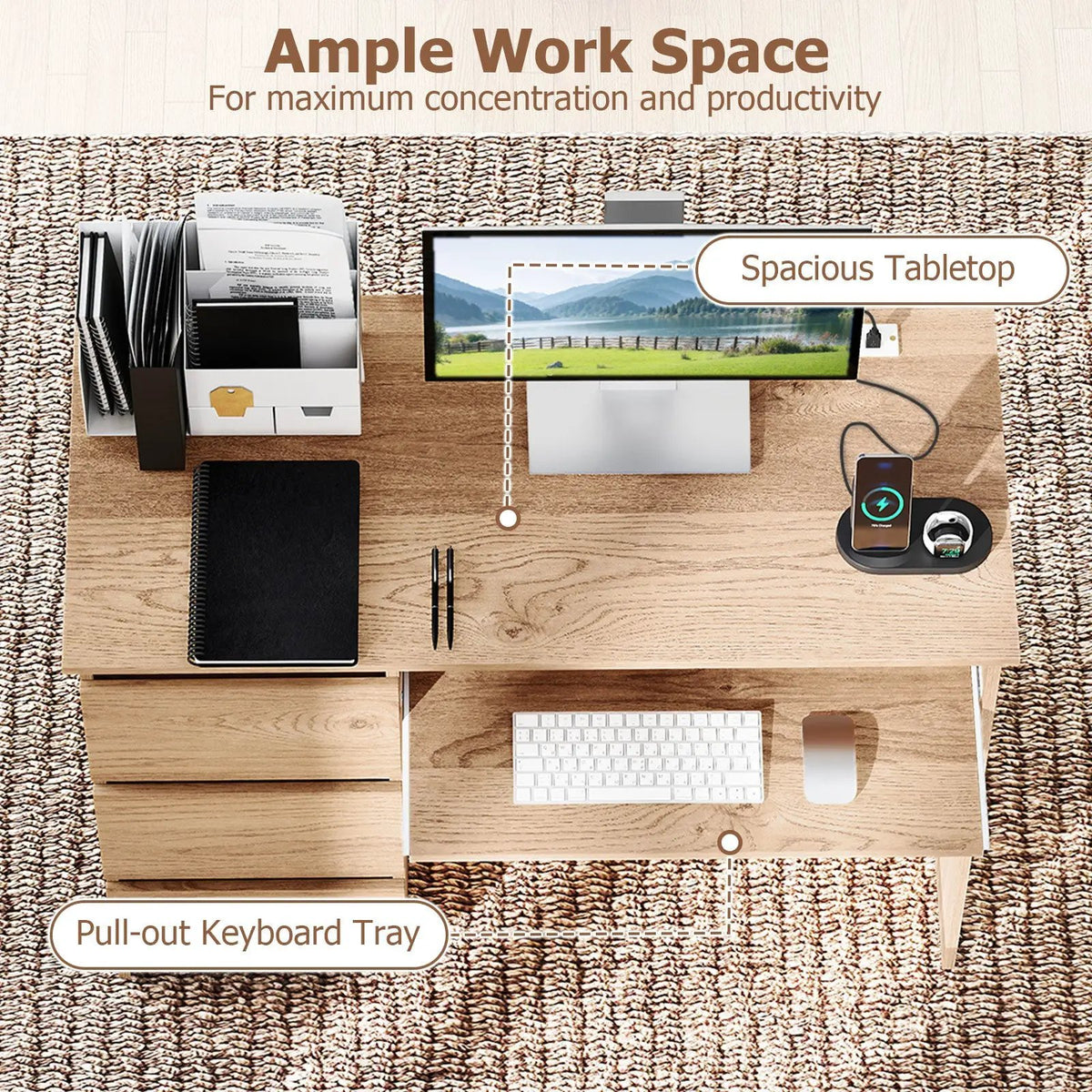 Computer Desk with Power Outlet Keyboard Tray and 3 Large Drawers, photo 7 of 9