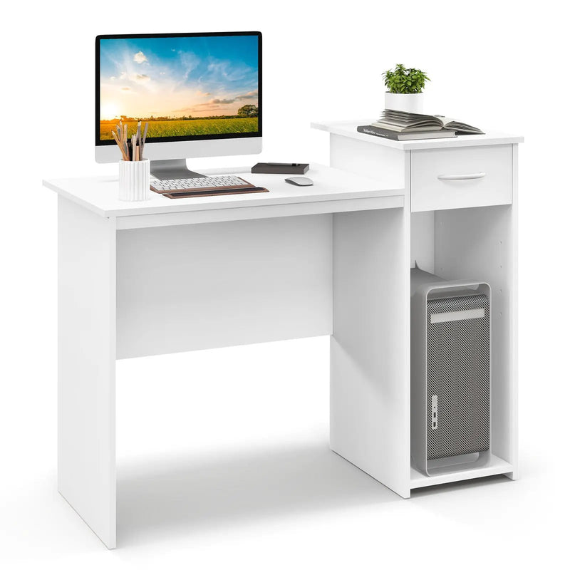 Computer Desk with Drawer Modern Laptop PC Desk with Adjustable Shelf and Cable Hole-White by DirectDeals