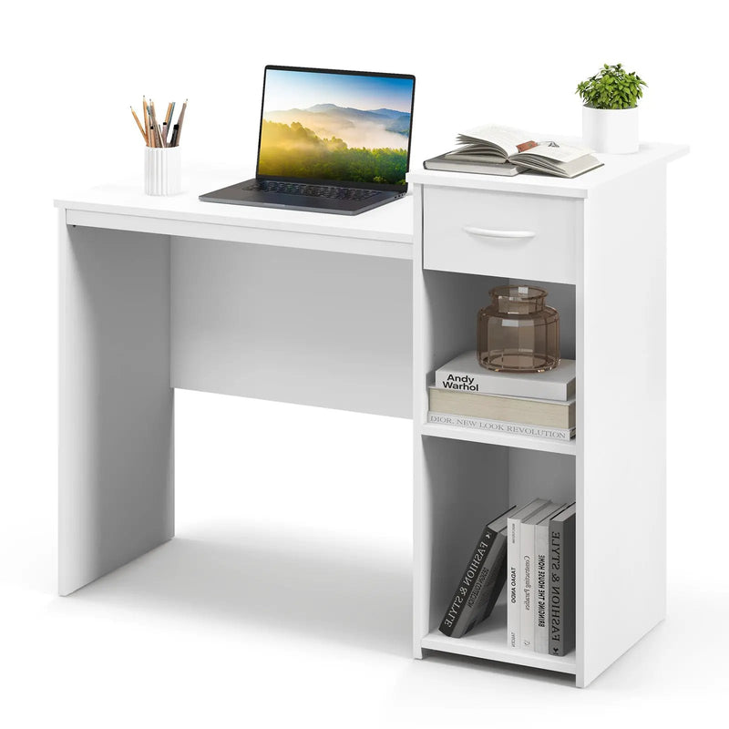 Computer Desk with Drawer Modern Laptop PC Desk with Adjustable Shelf and Cable Hole-White by DirectDeals