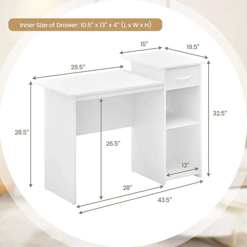 Computer Desk with Drawer Modern Laptop PC Desk with Adjustable Shelf and Cable Hole-White by DirectDeals